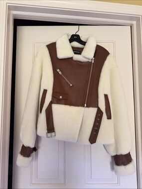 Lamarque White and Brown Faux Shearling Moto Jacket